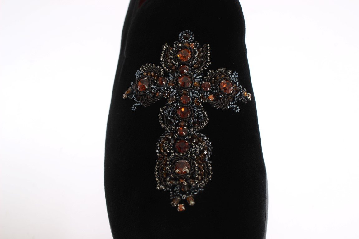 Black Velvet Crystal Cross Loafers