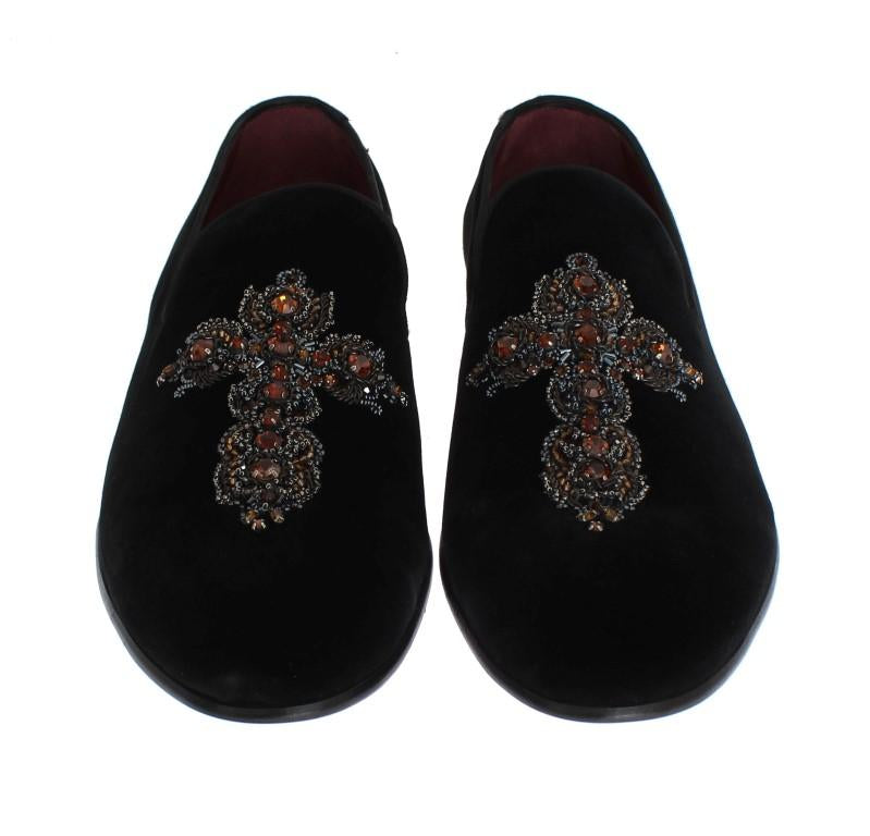 Black Velvet Crystal Cross Loafers