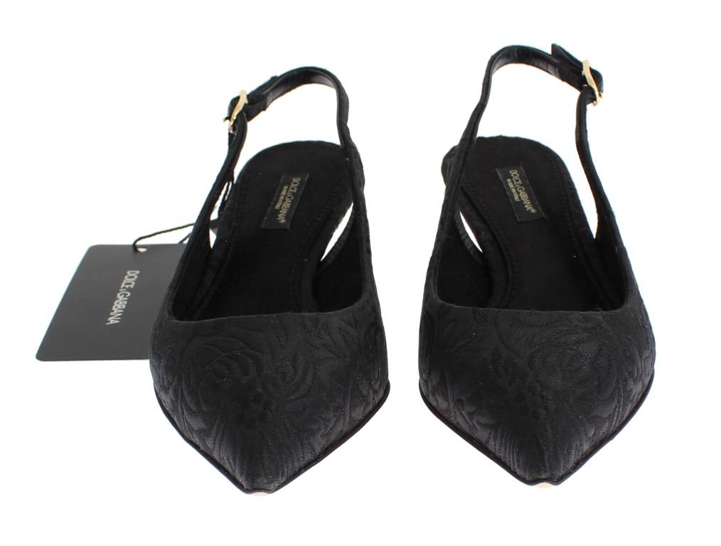 Black Brocade Kitten Heel Slingbacks Shoes