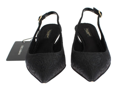 Black Brocade Kitten Heel Slingbacks Shoes