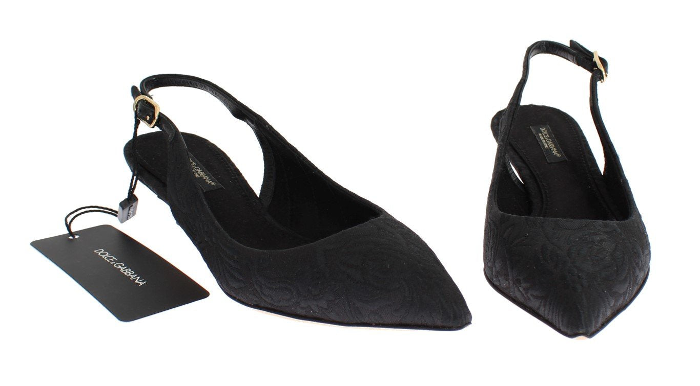 Black Brocade Kitten Heel Slingbacks Shoes