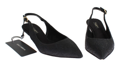 Black Brocade Kitten Heel Slingbacks Shoes