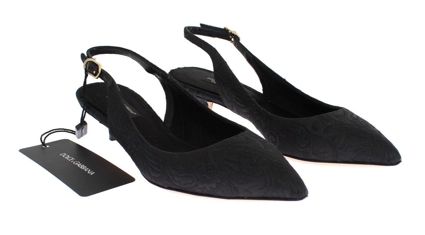 Black Brocade Kitten Heel Slingbacks Shoes