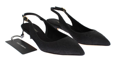Black Brocade Kitten Heel Slingbacks Shoes