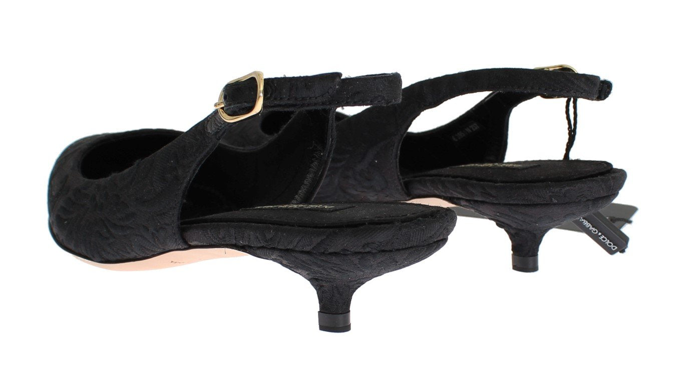 Black Brocade Kitten Heel Slingbacks Shoes