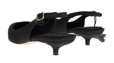 Black Brocade Kitten Heel Slingbacks Shoes
