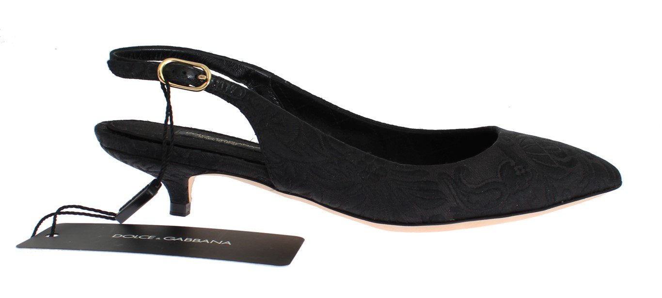Black Brocade Kitten Heel Slingbacks Shoes