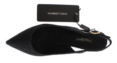 Black Brocade Kitten Heel Slingbacks Shoes