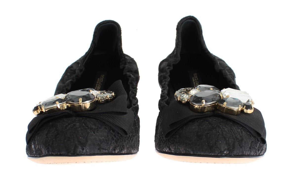 Black Taormina Lace Crystal Ballet Flat Shoes