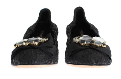 Black Taormina Lace Crystal Ballet Flat Shoes