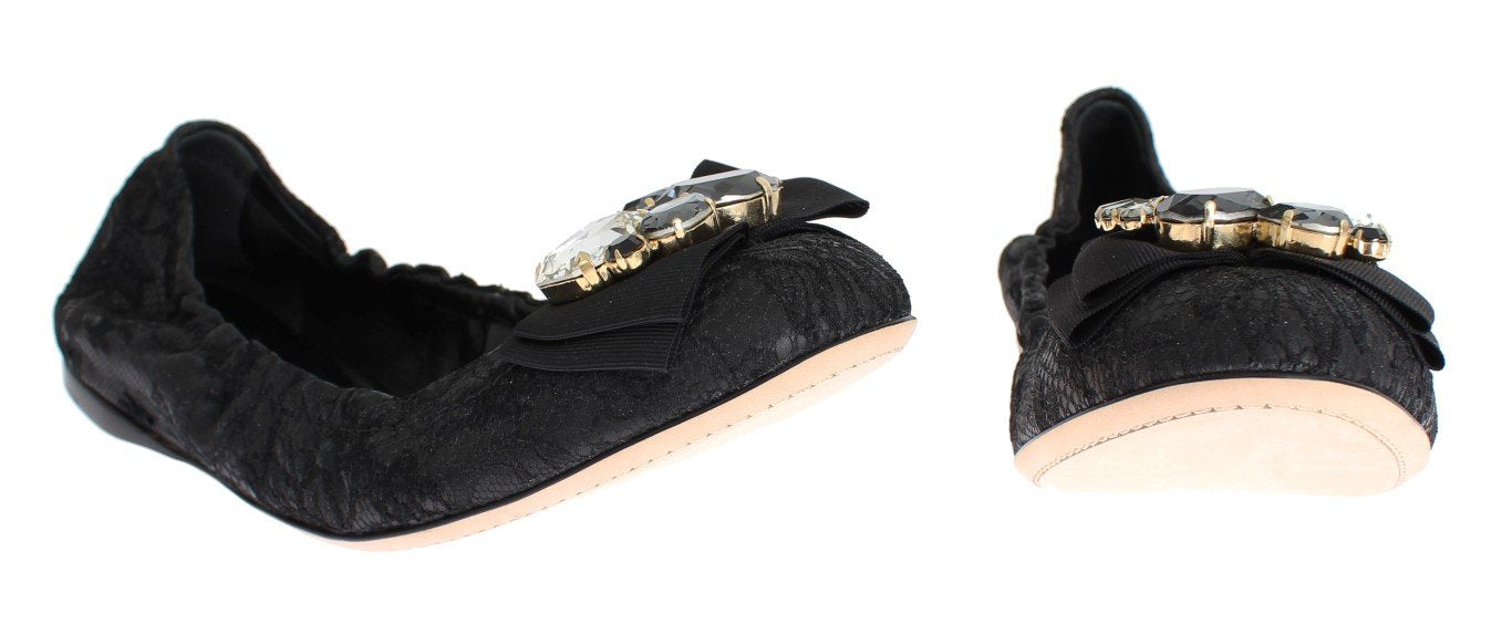 Black Taormina Lace Crystal Ballet Flat Shoes