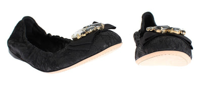Black Taormina Lace Crystal Ballet Flat Shoes