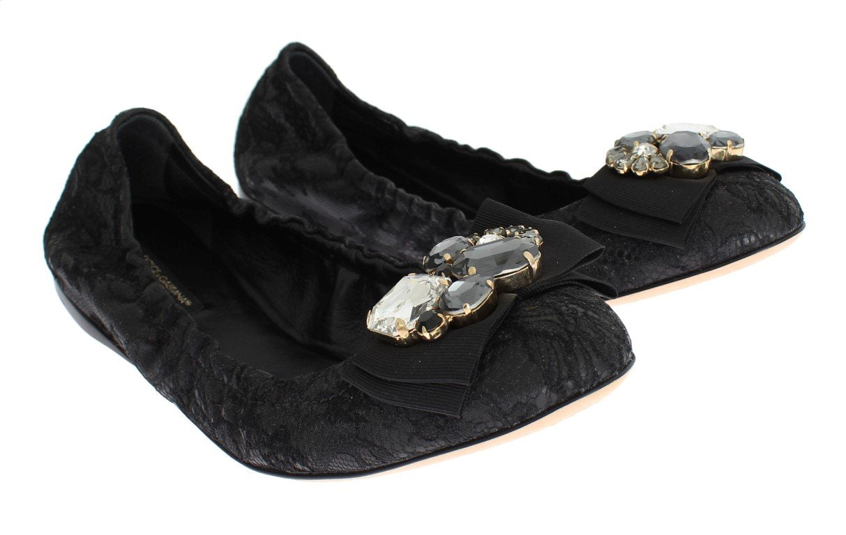 Black Taormina Lace Crystal Ballet Flat Shoes