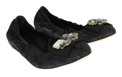 Black Taormina Lace Crystal Ballet Flat Shoes