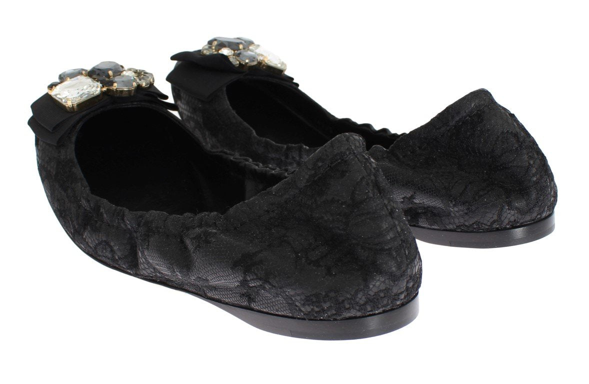 Black Taormina Lace Crystal Ballet Flat Shoes