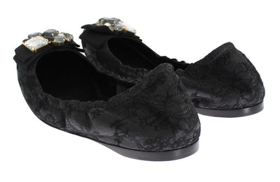 Black Taormina Lace Crystal Ballet Flat Shoes