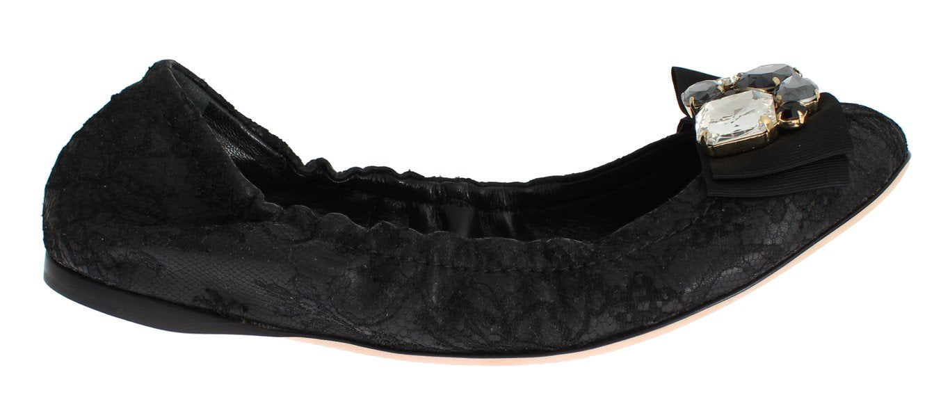 Black Taormina Lace Crystal Ballet Flat Shoes