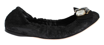 Black Taormina Lace Crystal Ballet Flat Shoes