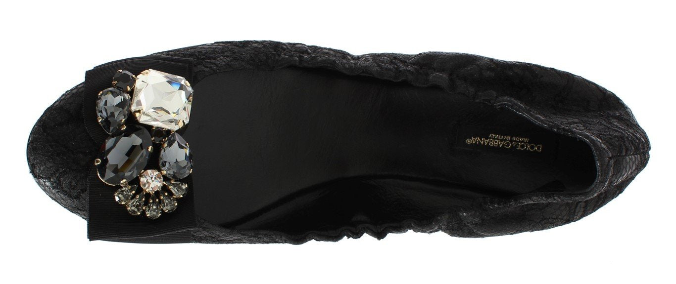 Black Taormina Lace Crystal Ballet Flat Shoes