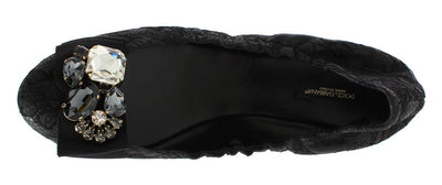 Black Taormina Lace Crystal Ballet Flat Shoes
