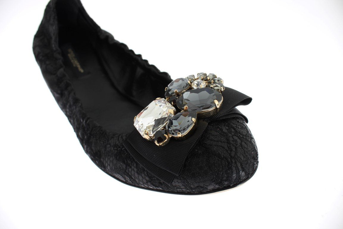 Black Taormina Lace Crystal Ballet Flat Shoes
