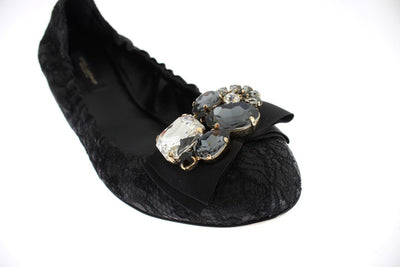 Black Taormina Lace Crystal Ballet Flat Shoes