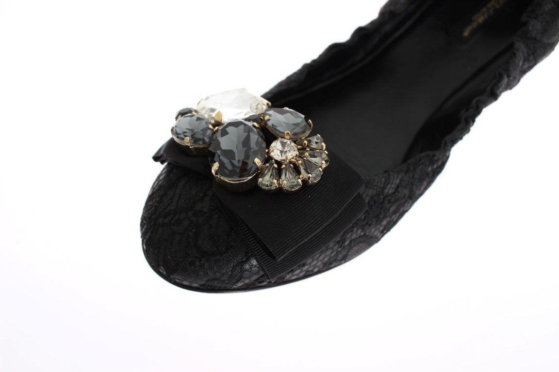 Black Taormina Lace Crystal Ballet Flat Shoes