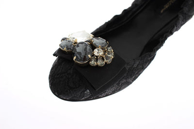 Black Taormina Lace Crystal Ballet Flat Shoes