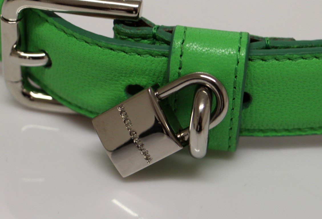 Green Leather Silver Lock Logo Belt