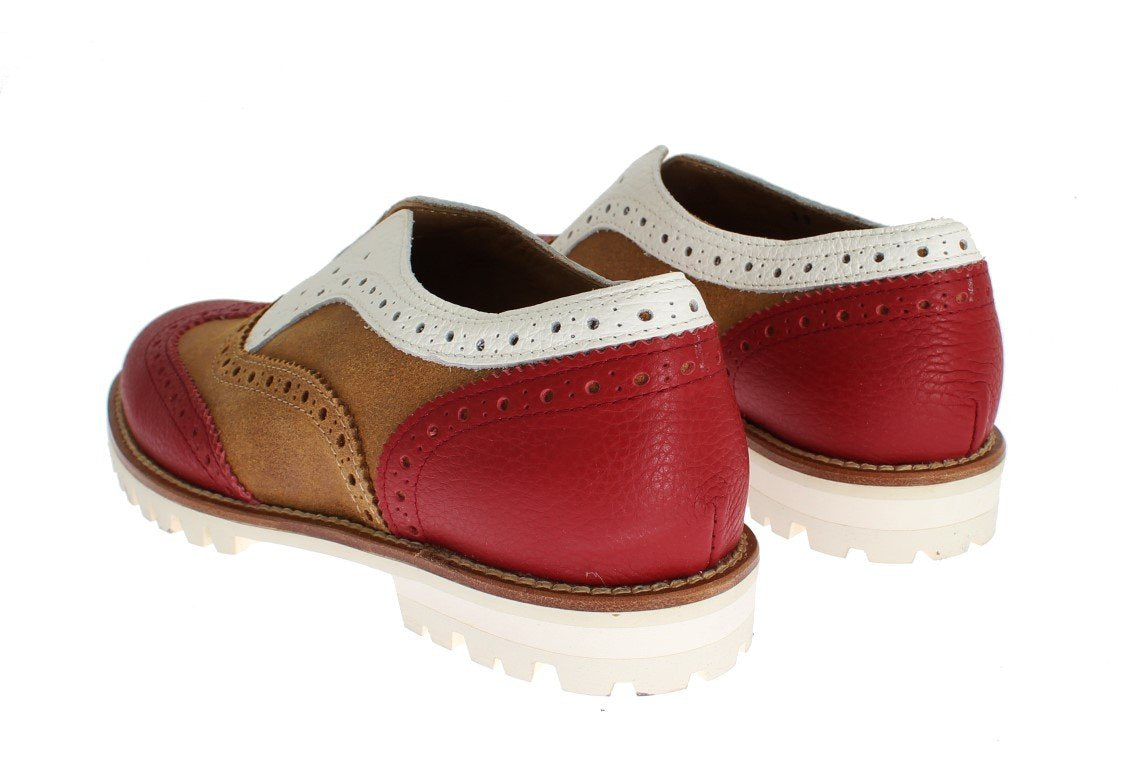 Brown Red Wingtip Flat Broques Shoes