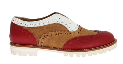 Brown Red Wingtip Flat Broques Shoes
