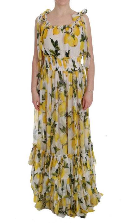 White Silk Lemon Print Long Maxi Dress