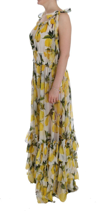 White Silk Lemon Print Long Maxi Dress