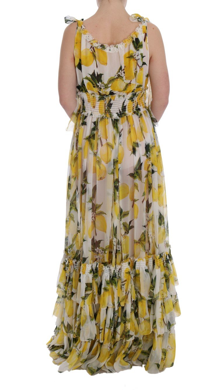 White Silk Lemon Print Long Maxi Dress