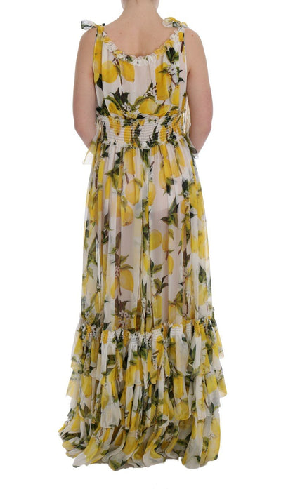 White Silk Lemon Print Long Maxi Dress