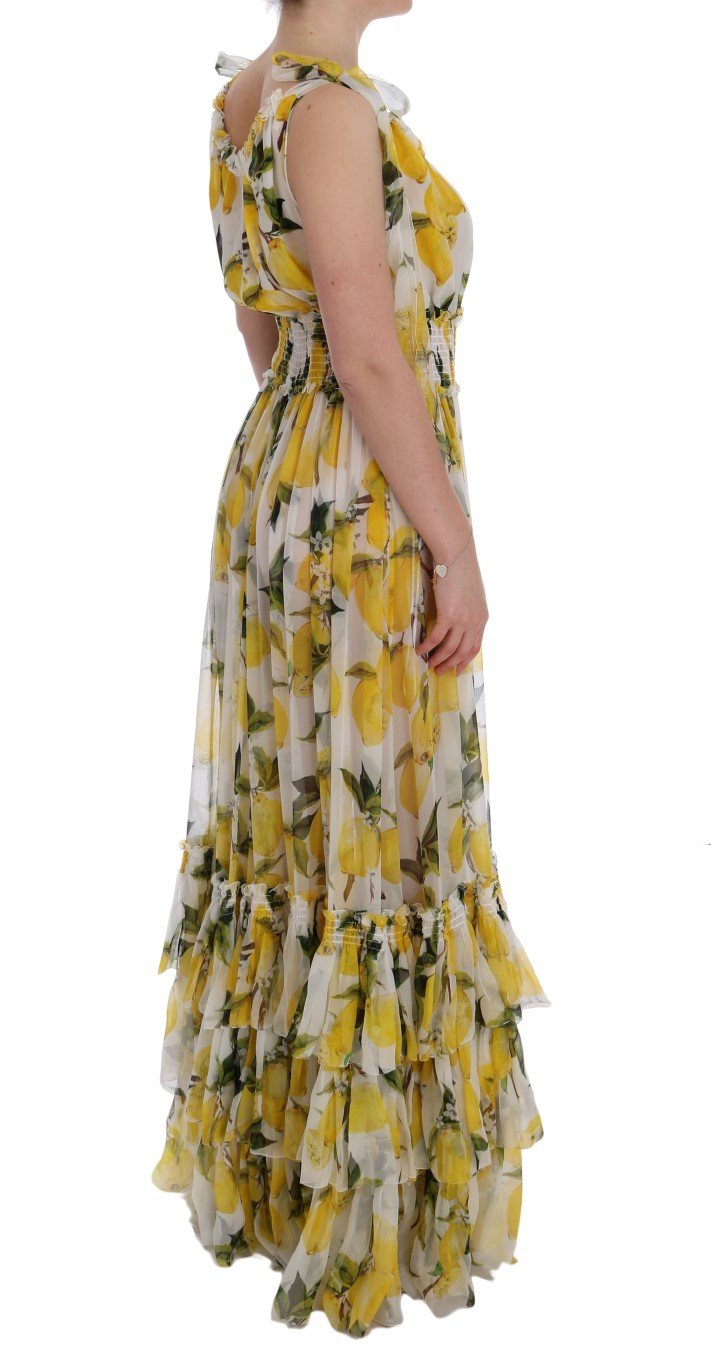 White Silk Lemon Print Long Maxi Dress