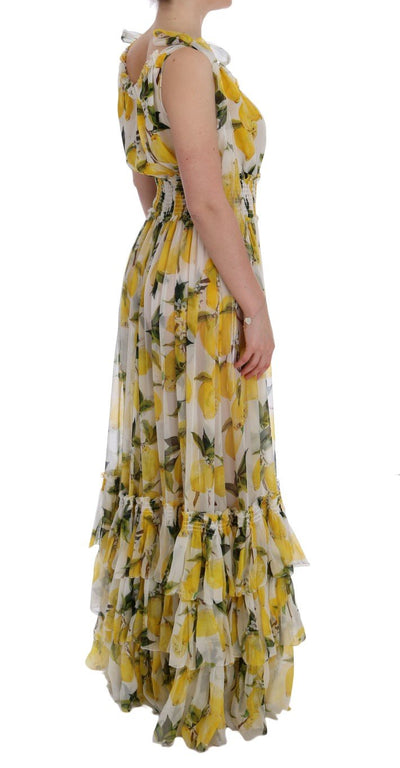 White Silk Lemon Print Long Maxi Dress