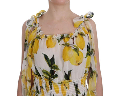 White Silk Lemon Print Long Maxi Dress