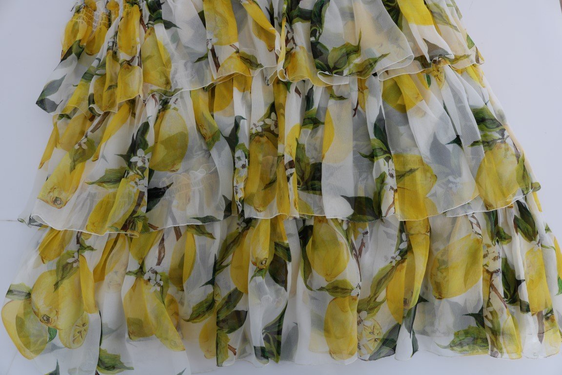 White Silk Lemon Print Long Maxi Dress