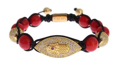 Women CZ Red Coral Gold 925 Silver Bracelet