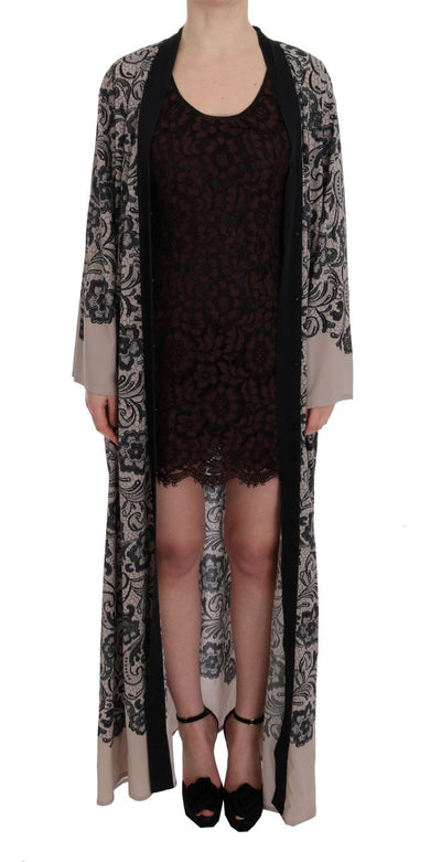 Beige Black Lace Silk Gown Dress