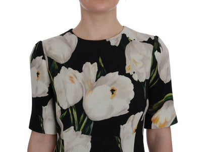 Black White Tulips Wool Sheath Dress