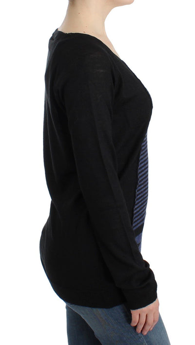 Black striped V-neck sweater