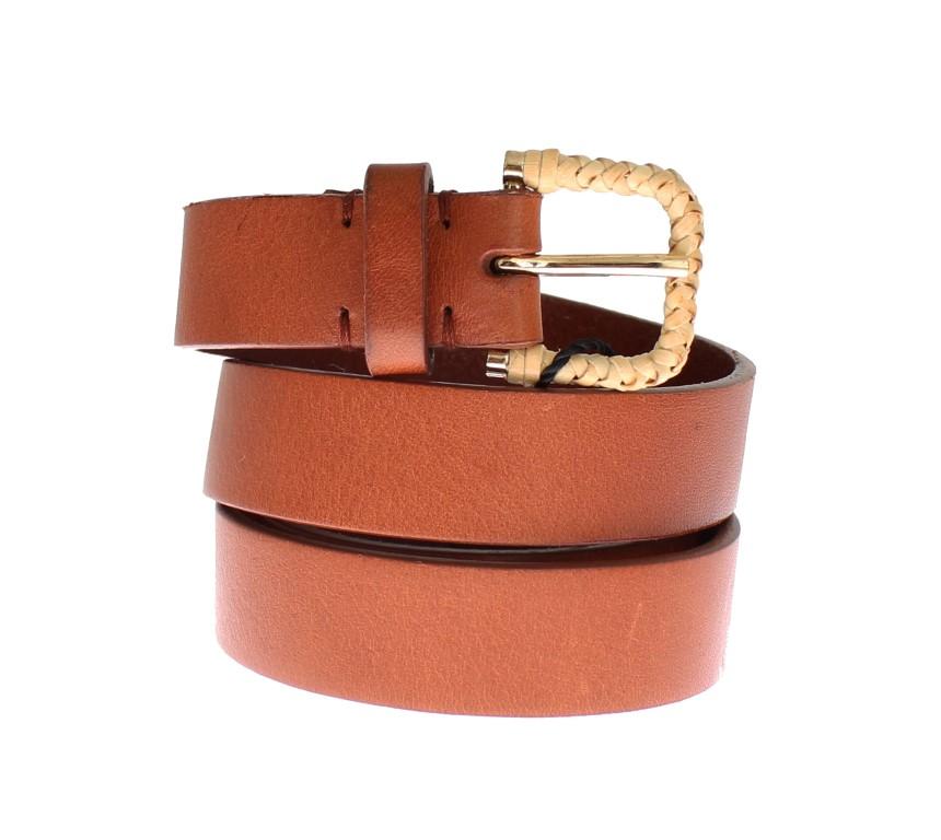 Brown Leather Gold Buckle Logo Waist Belt