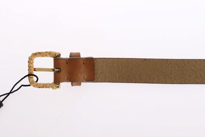 Brown Leather Gold Buckle Logo Waist Belt