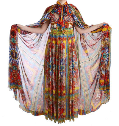 Multicolor Silk Carretto Cape Kaftan Tunic Long Dress