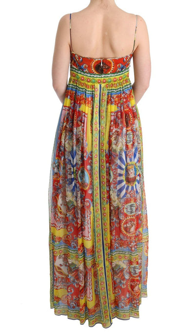Multicolor Silk Carretto Print Long Maxi Dress