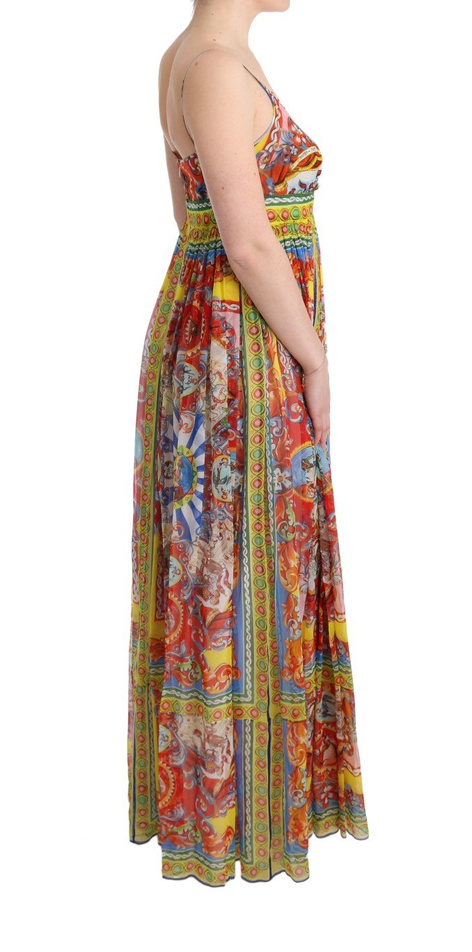 Multicolor Silk Carretto Print Long Maxi Dress