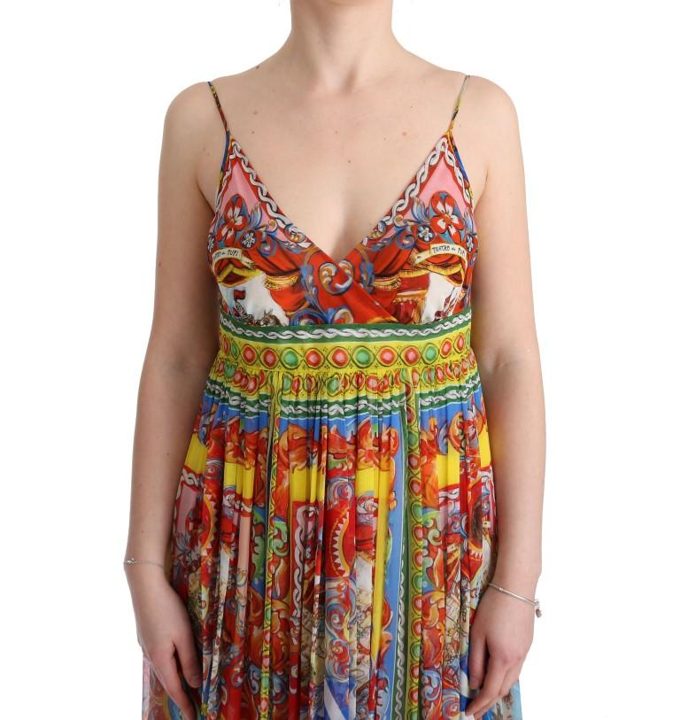 Multicolor Silk Carretto Print Long Maxi Dress