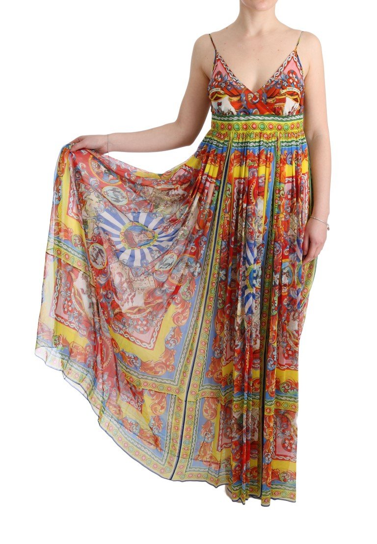 Multicolor Silk Carretto Print Long Maxi Dress